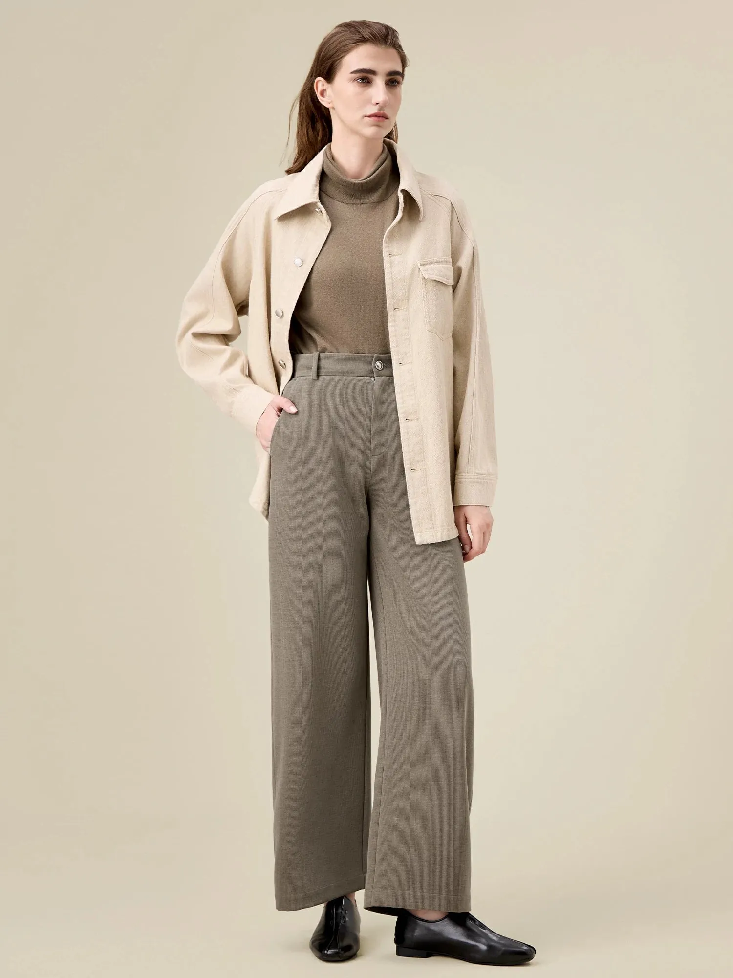 Amoretu High-Waist Vertical Striped Textured Wide-Leg Pants