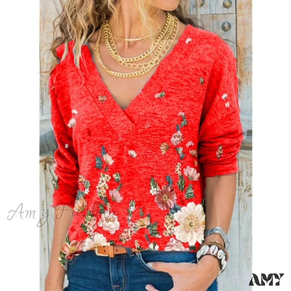 Amy Fashion - V-neck Flower Print Long-sleeved Casual Loose T-shirt