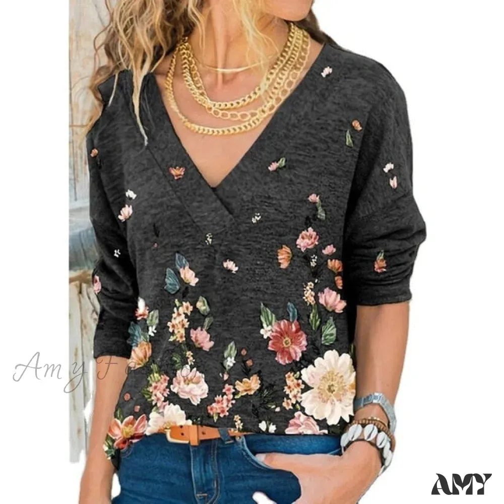 Amy Fashion - V-neck Flower Print Long-sleeved Casual Loose T-shirt