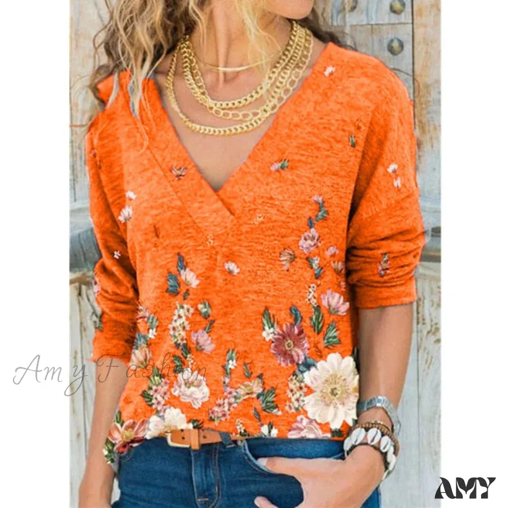 Amy Fashion - V-neck Flower Print Long-sleeved Casual Loose T-shirt