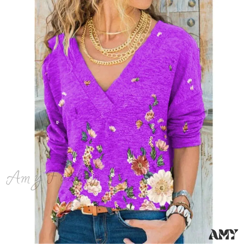 Amy Fashion - V-neck Flower Print Long-sleeved Casual Loose T-shirt