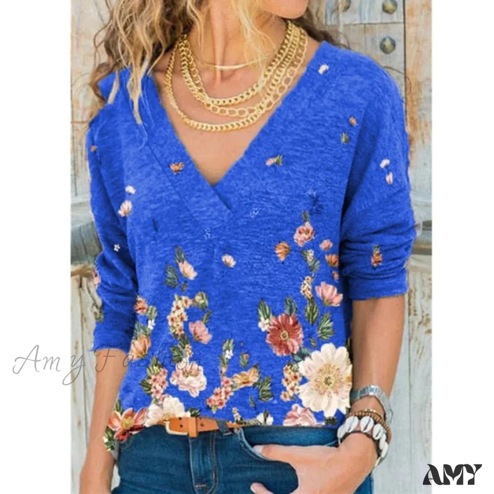 Amy Fashion - V-neck Flower Print Long-sleeved Casual Loose T-shirt