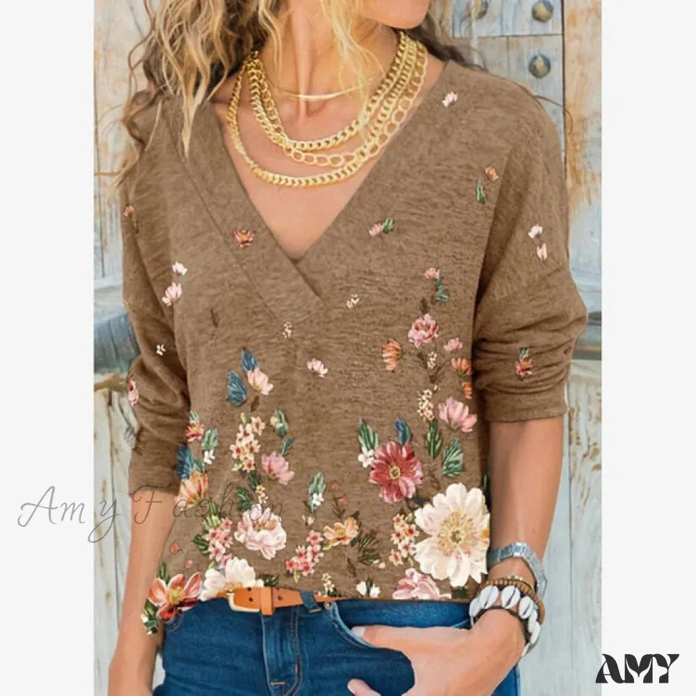 Amy Fashion - V-neck Flower Print Long-sleeved Casual Loose T-shirt