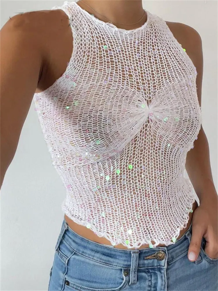 Ashore Shop Knitted Sequins O Neck Sleeveless Crop Tank Top