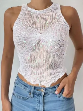 Ashore Shop Knitted Sequins O Neck Sleeveless Crop Tank Top