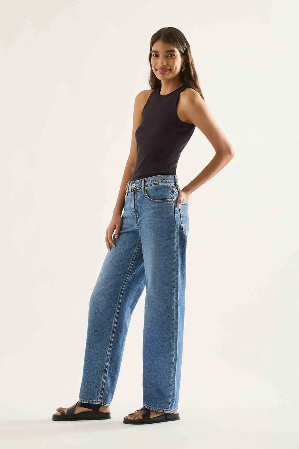 AVRIL LOW SLOUCHY WIDE LEG JEAN MOMENT MID BLUE