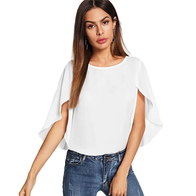 Batwing Sleeve Plain Casual Ladies Tops Round Blous