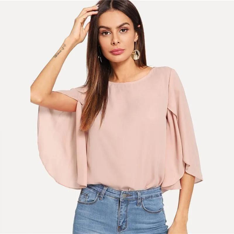 Batwing Sleeve Plain Casual Ladies Tops Round Blous