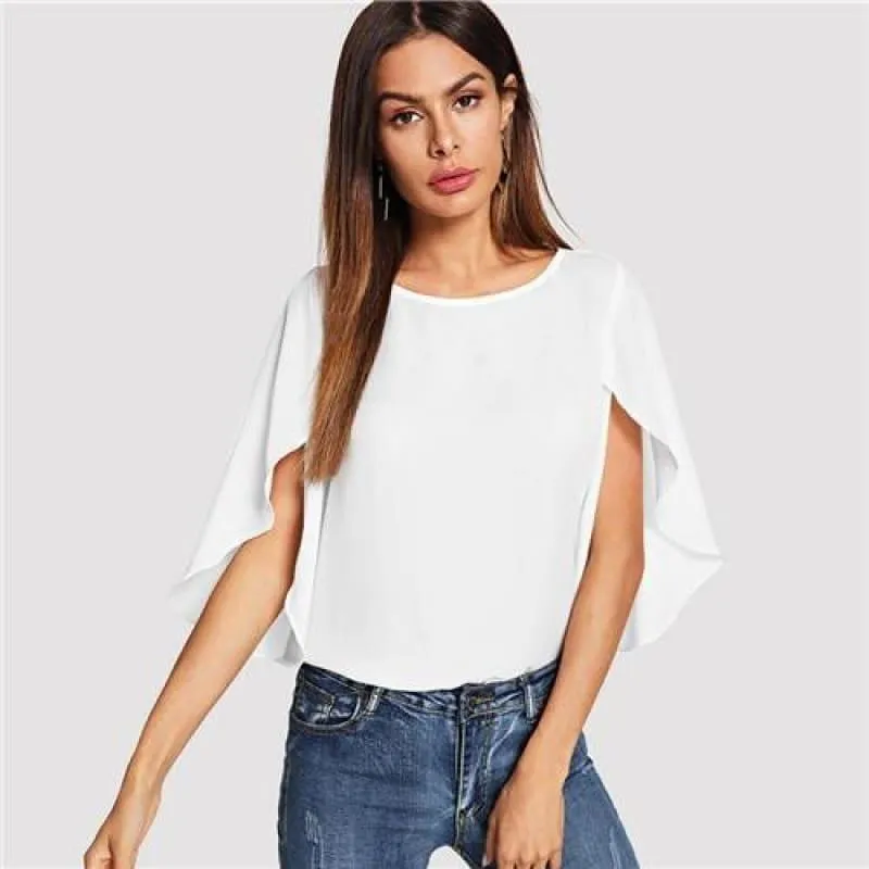 Batwing Sleeve Plain Casual Ladies Tops Round Blous