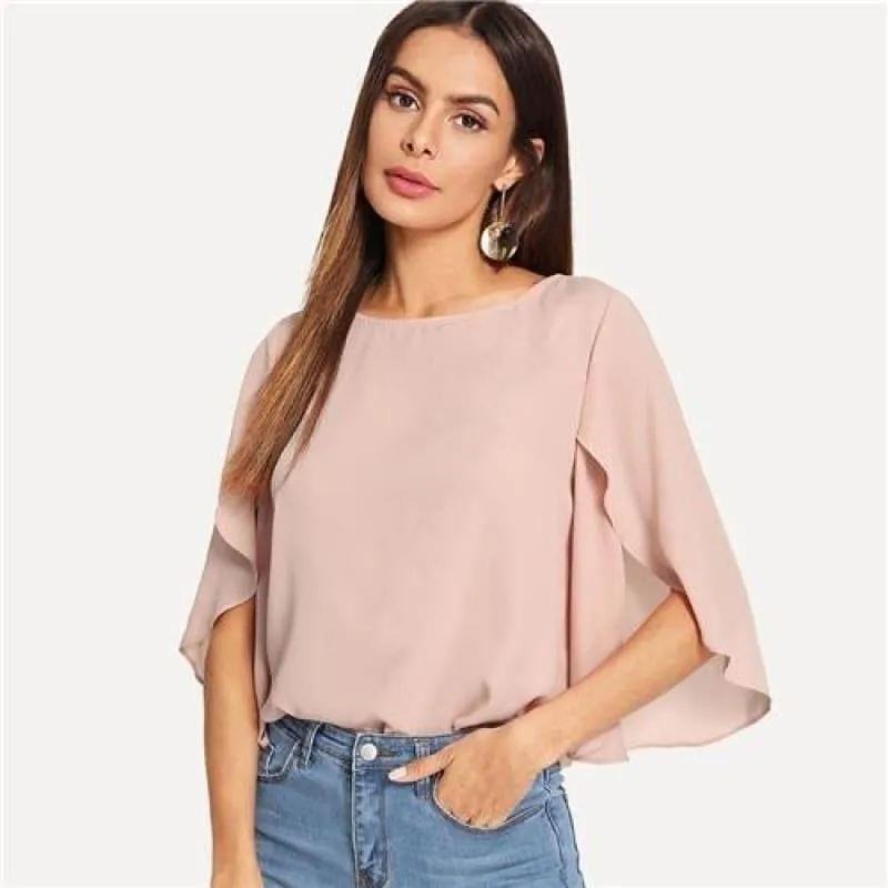 Batwing Sleeve Plain Casual Ladies Tops Round Blous