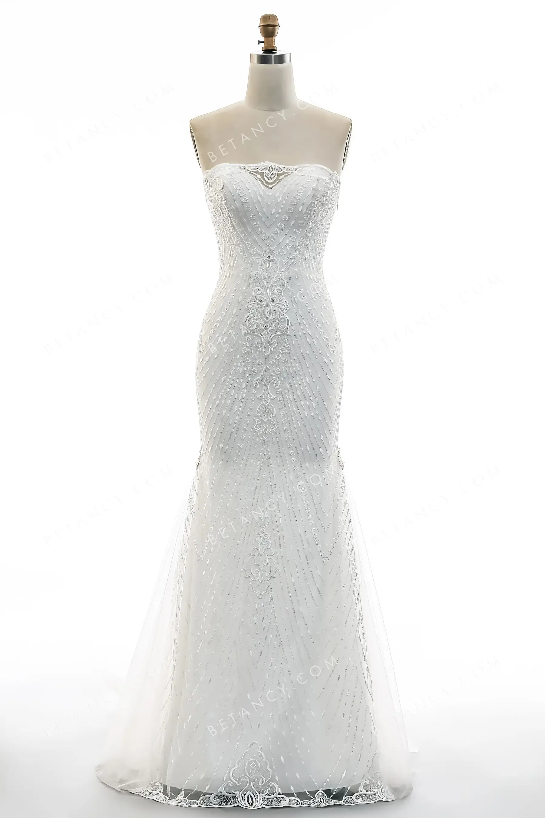 Beaded Linear Lace Strapless Mermaid Modern Bridal Gown