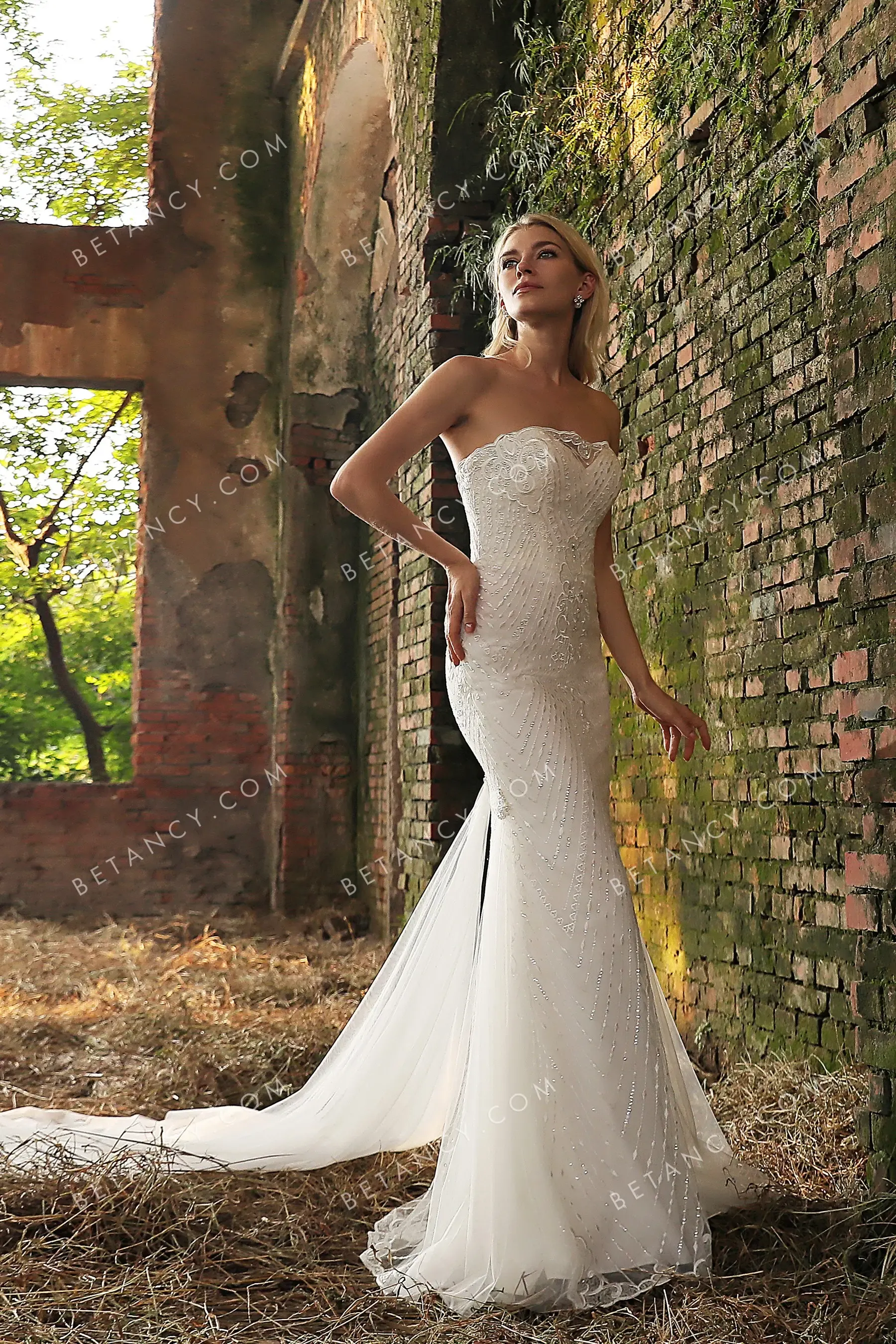 Beaded Linear Lace Strapless Mermaid Modern Bridal Gown