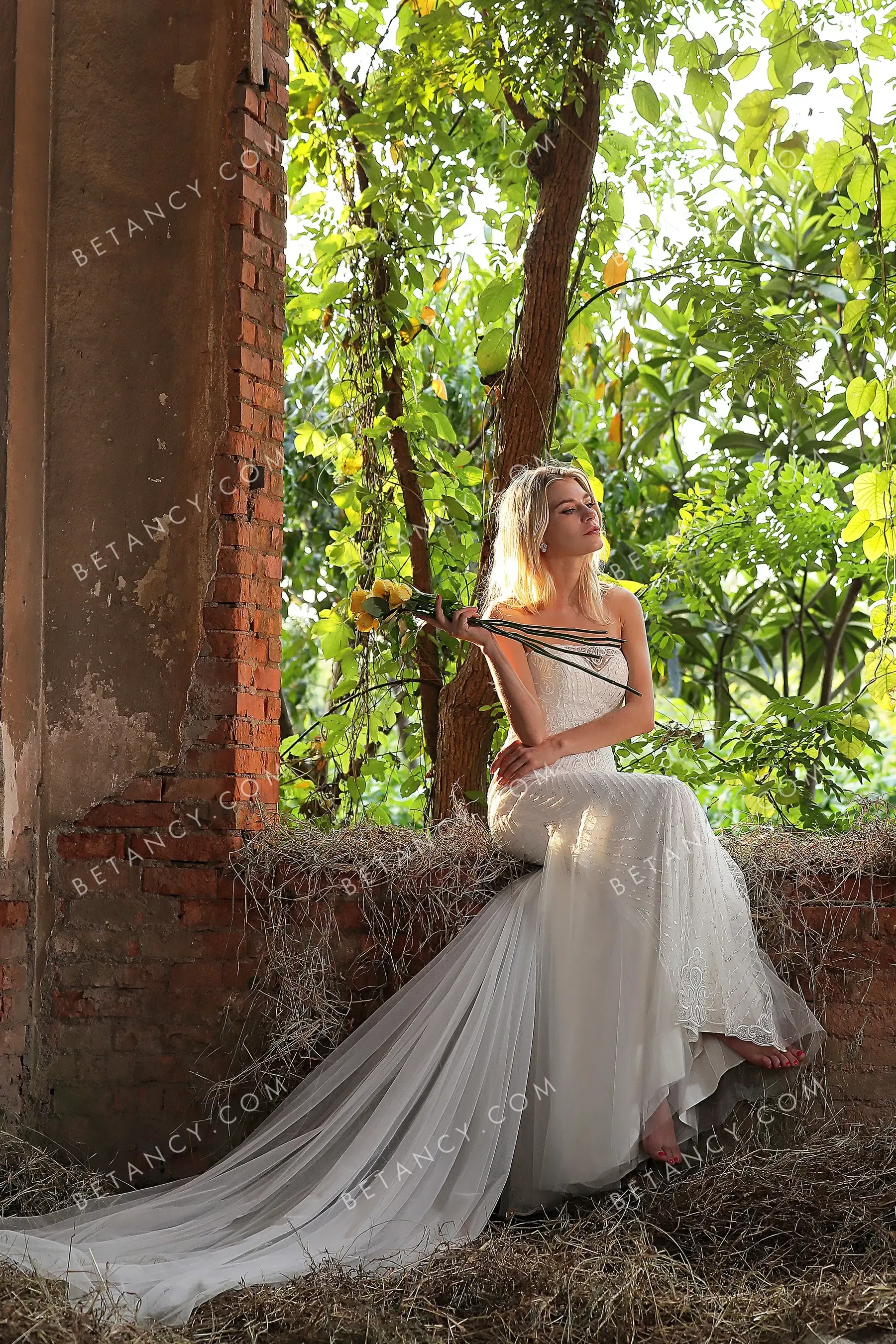 Beaded Linear Lace Strapless Mermaid Modern Bridal Gown