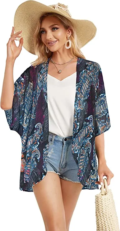 Black Floral Women's Floral Print Puff Sleeve Kimono Cardigan Loose Cover Up Casual Blouse Tops - Chicgal