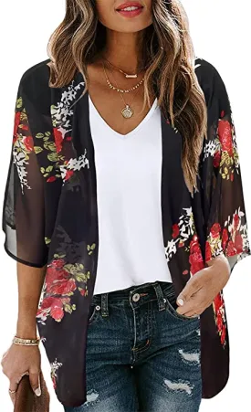 Black Floral Women's Floral Print Puff Sleeve Kimono Cardigan Loose Cover Up Casual Blouse Tops - Chicgal