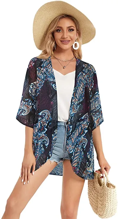 Black Floral Women's Floral Print Puff Sleeve Kimono Cardigan Loose Cover Up Casual Blouse Tops - Chicgal