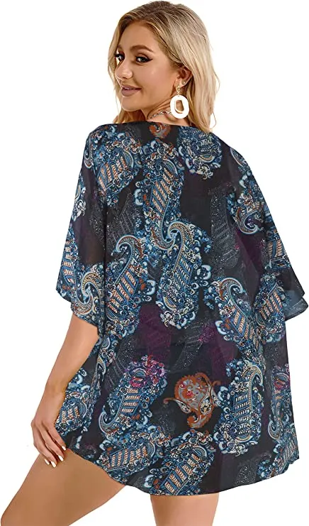 Black Floral Women's Floral Print Puff Sleeve Kimono Cardigan Loose Cover Up Casual Blouse Tops - Chicgal