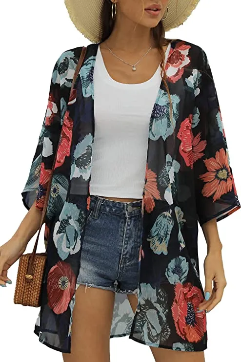 Black Flower Women's Floral Print Puff Sleeve Kimono Cardigan Loose Cover Up Casual Blouse Tops - Chicgal