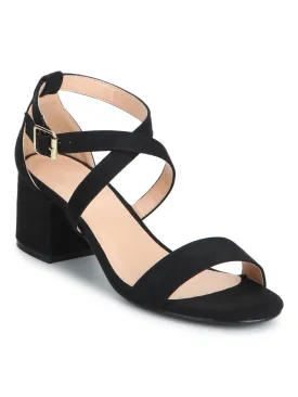 Black Micro Crossover Strap Low Block Heels