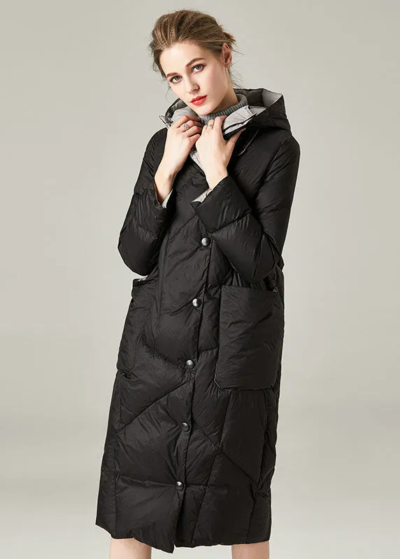 Black Pockets Duck Down Down Coat Hooded Thick Winter