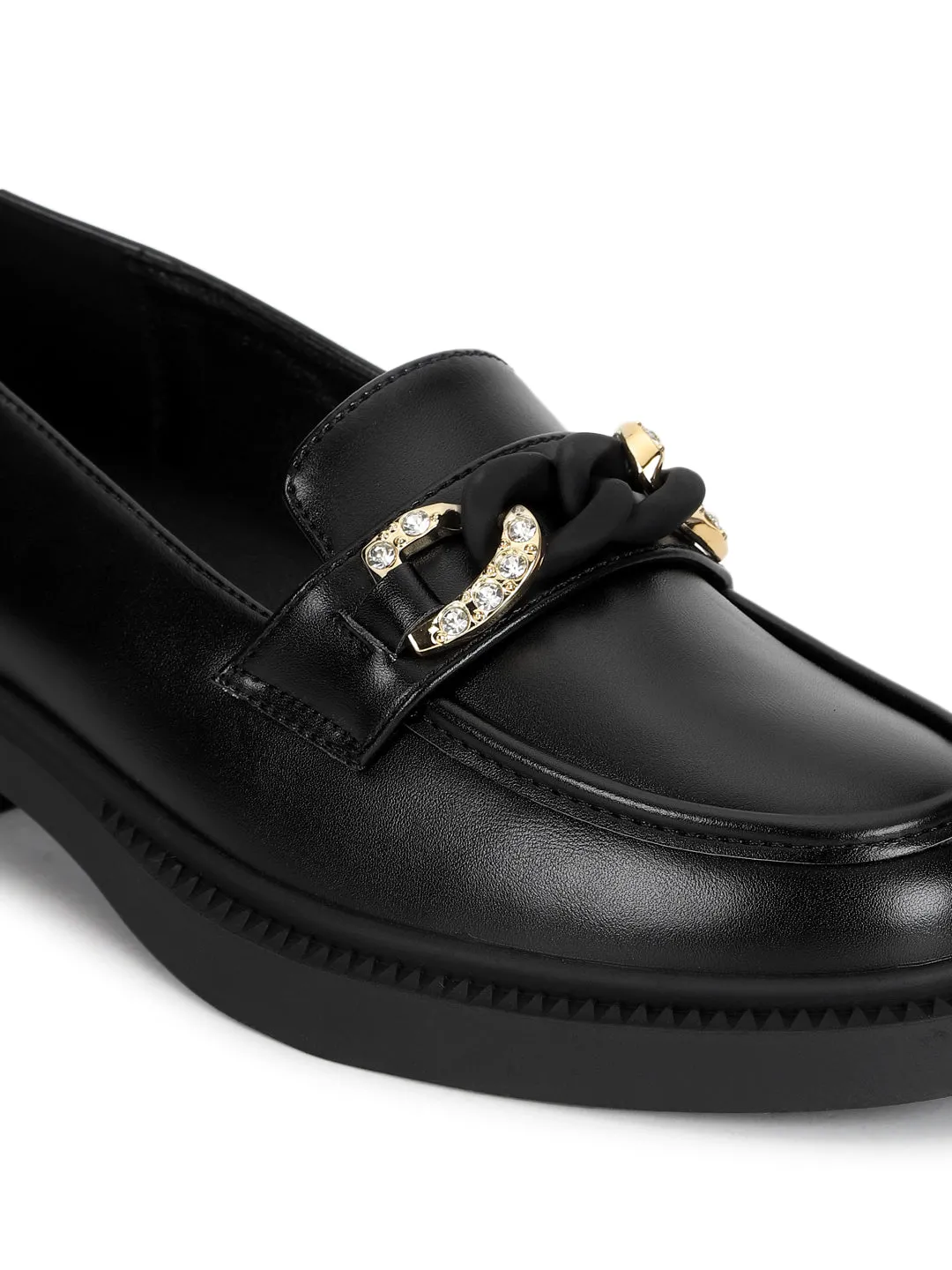 Black PU Embellished Slip-On Heel Loafers (TC-RS3589-BLK)