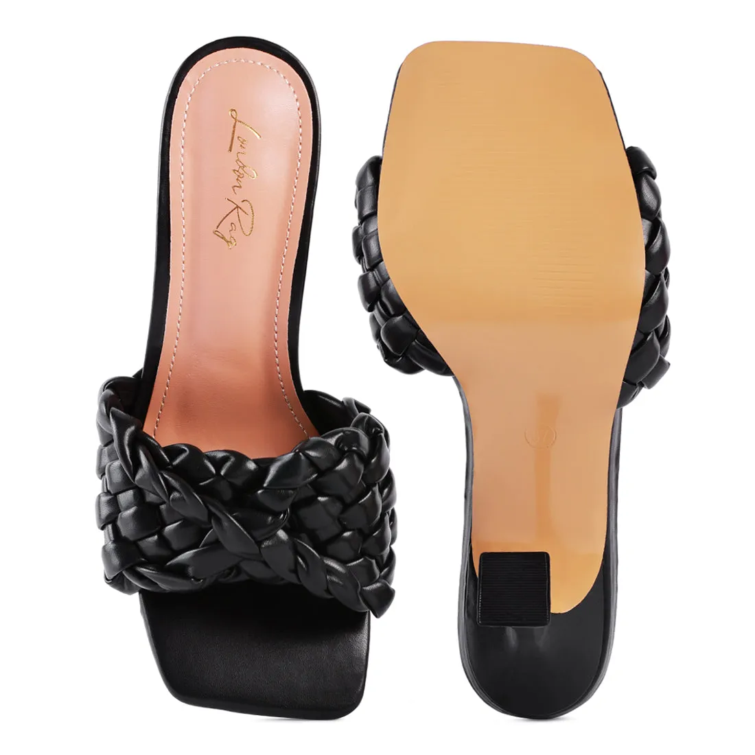 Black Woven Strap Mid Heel Sandals