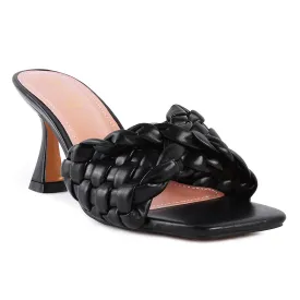 Black Woven Strap Mid Heel Sandals