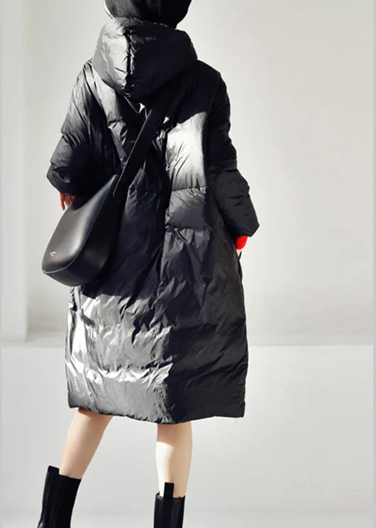 Black Zippered Long Hooded Duck Down Filled Down Coat Winter