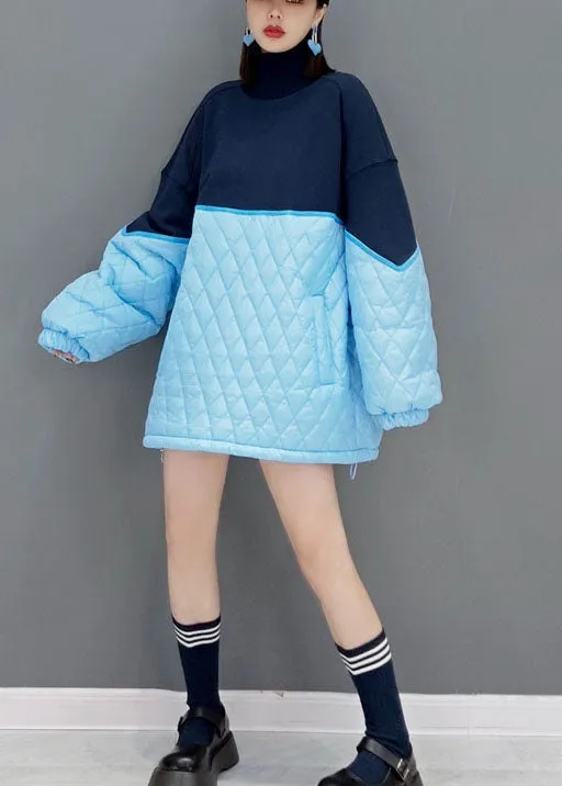 Blue Loose knit Patchwork Fine Cotton Filled Dresses Spring