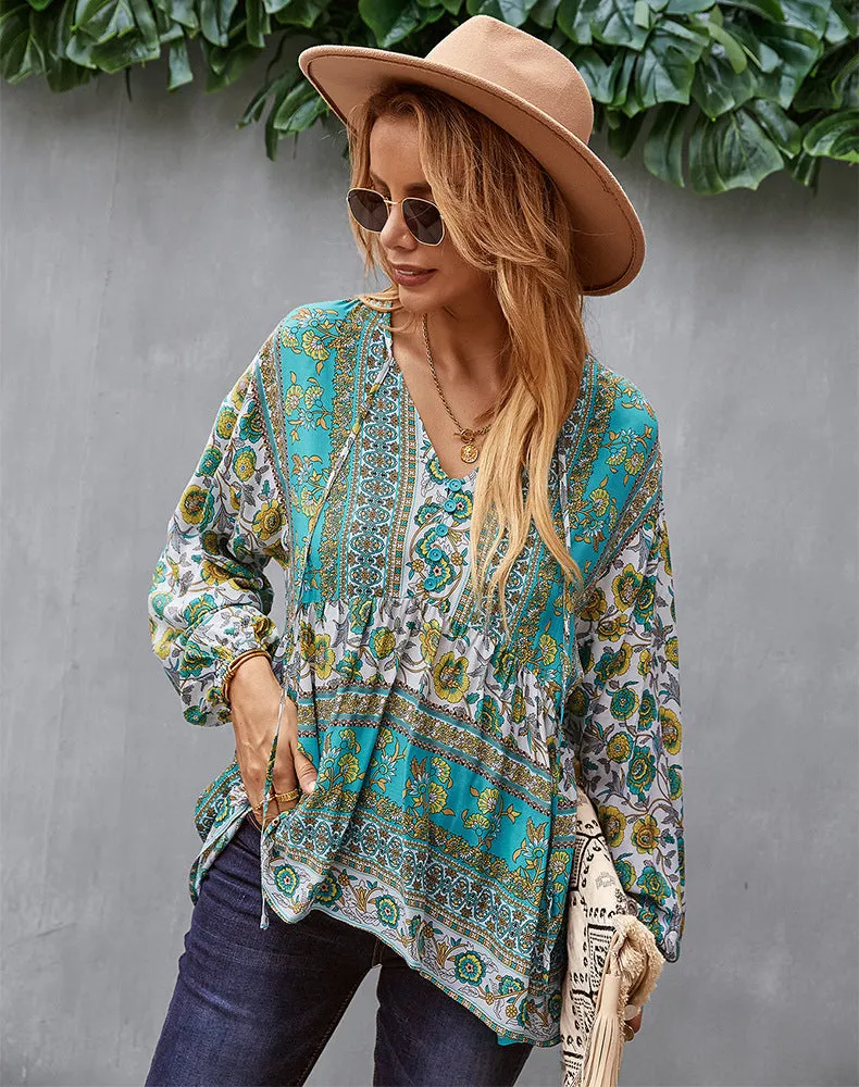 Bohemian Casual Long Sleeve Printed Shirt