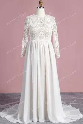 Boho Pattern Lace and Chiffon Long Sleeve Wedding Dress