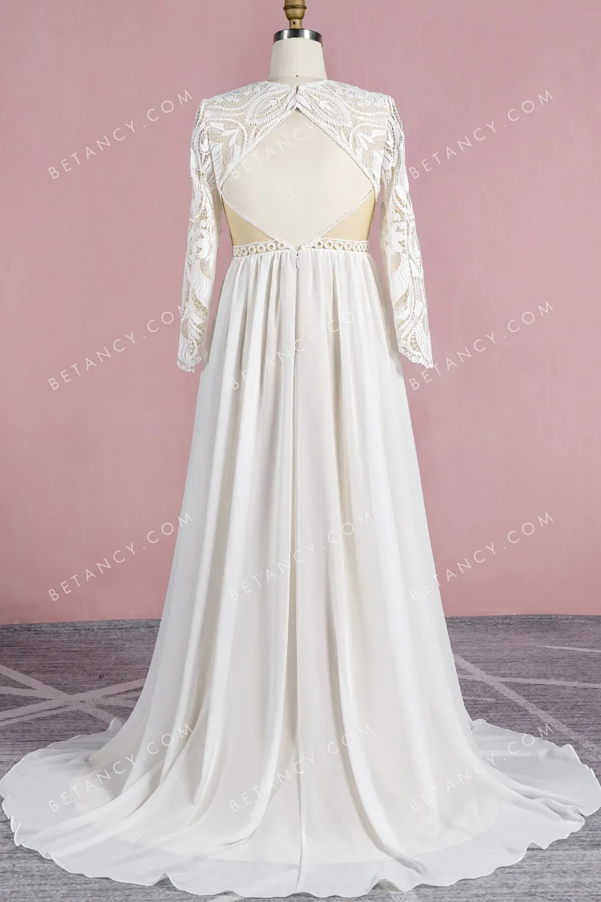 Boho Pattern Lace and Chiffon Long Sleeve Wedding Dress