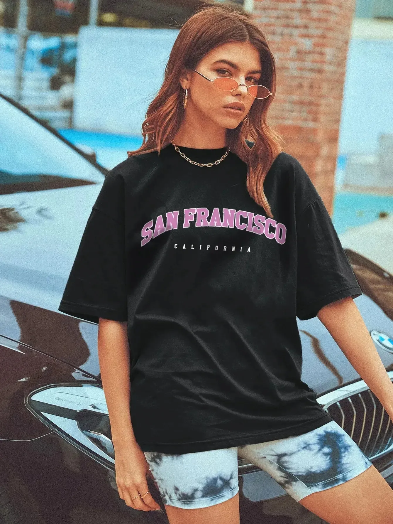 Breathable Longline Graphic Drop Shoulder San Francisco Summer Cool Female T-shirt