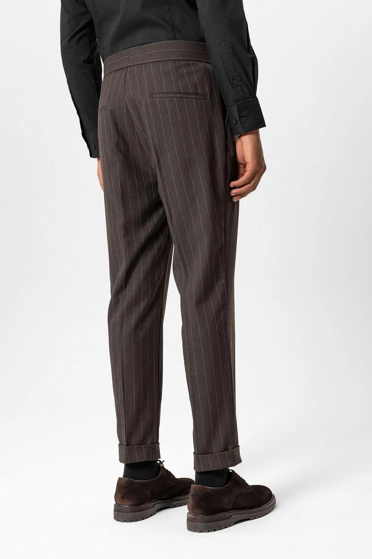 Brown High-Waisted Pleated Striped Men's Trousers - Wessi