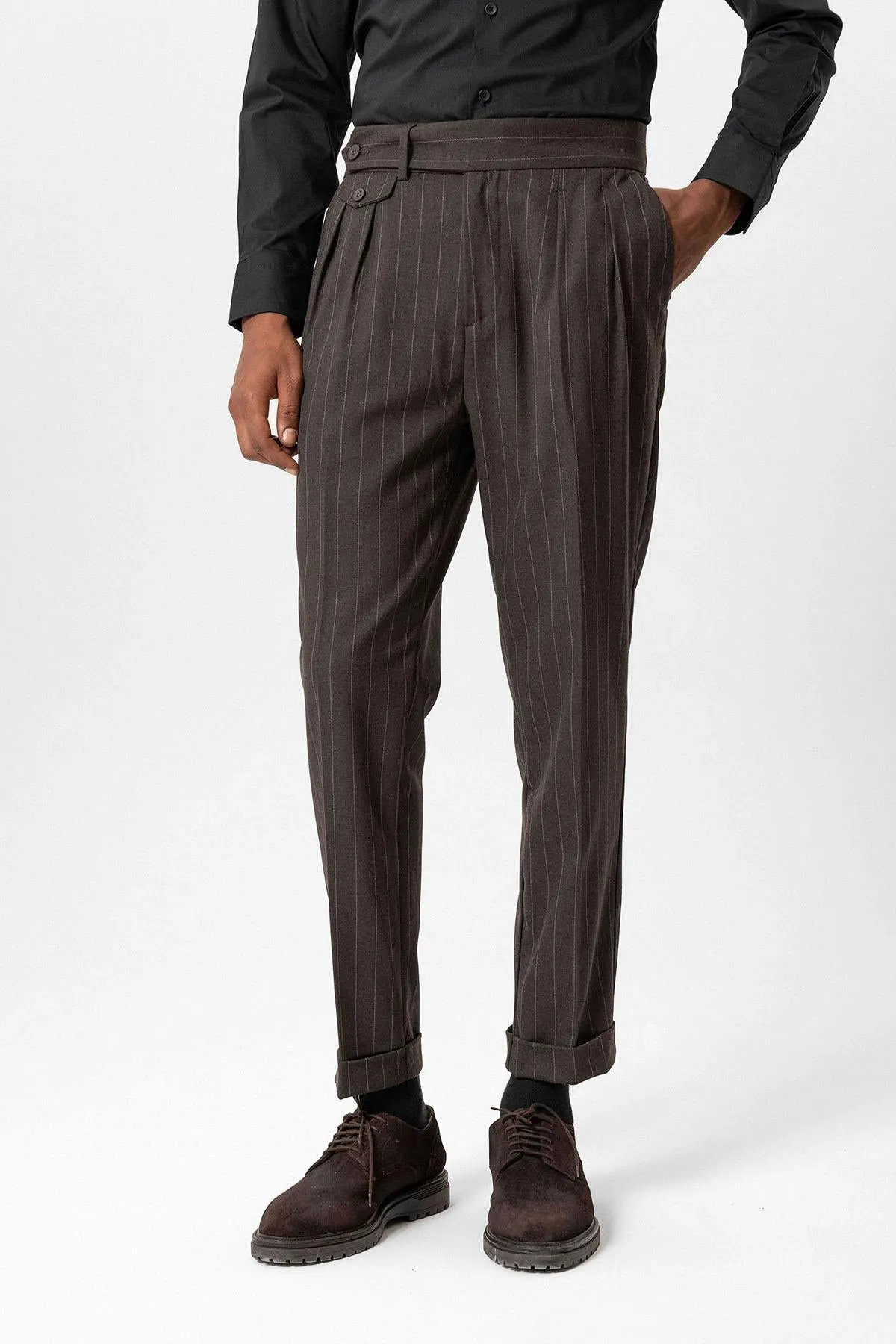 Brown High-Waisted Pleated Striped Men's Trousers - Wessi