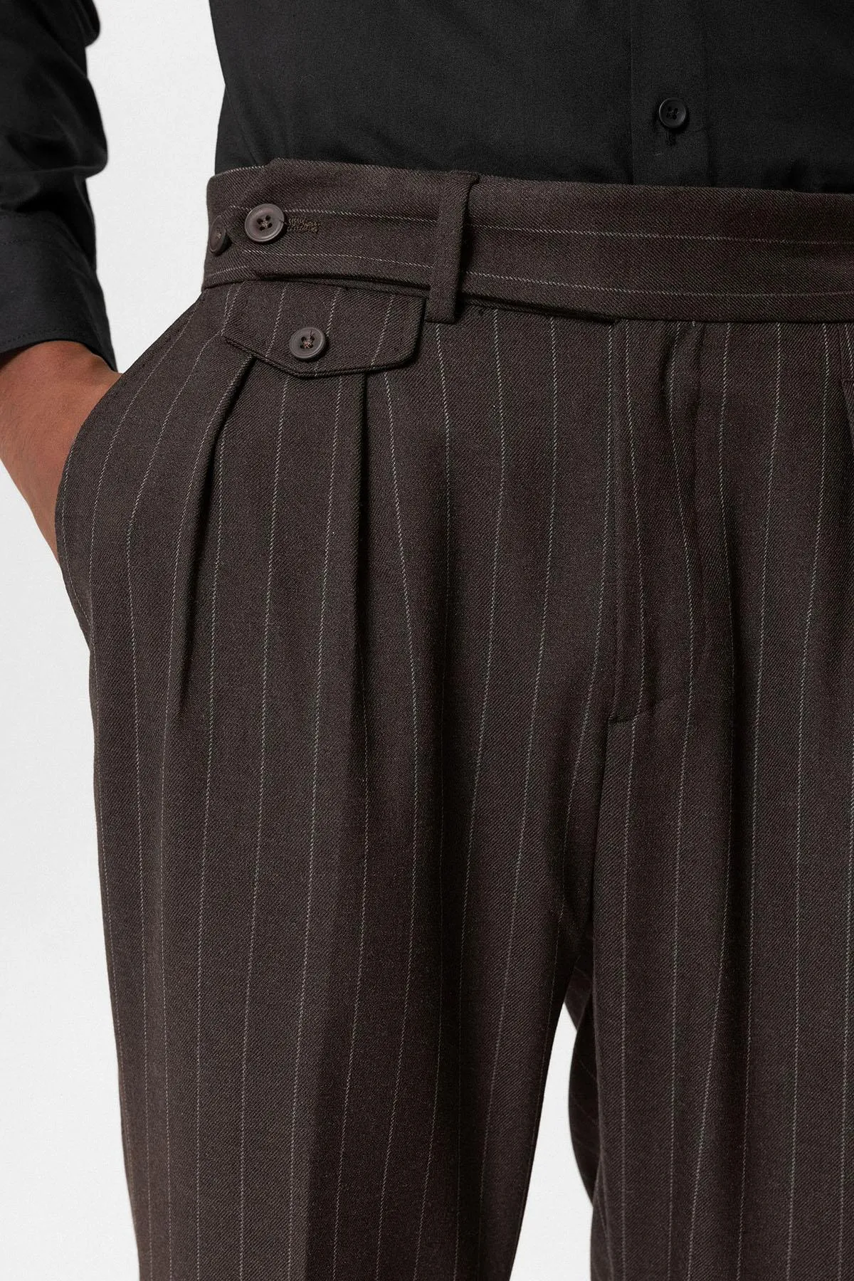 Brown High-Waisted Pleated Striped Men's Trousers - Wessi