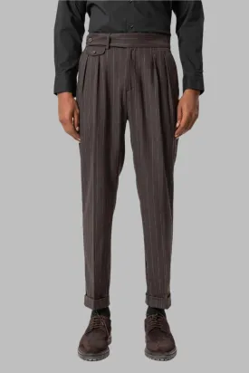 Brown High-Waisted Pleated Striped Men's Trousers - Wessi