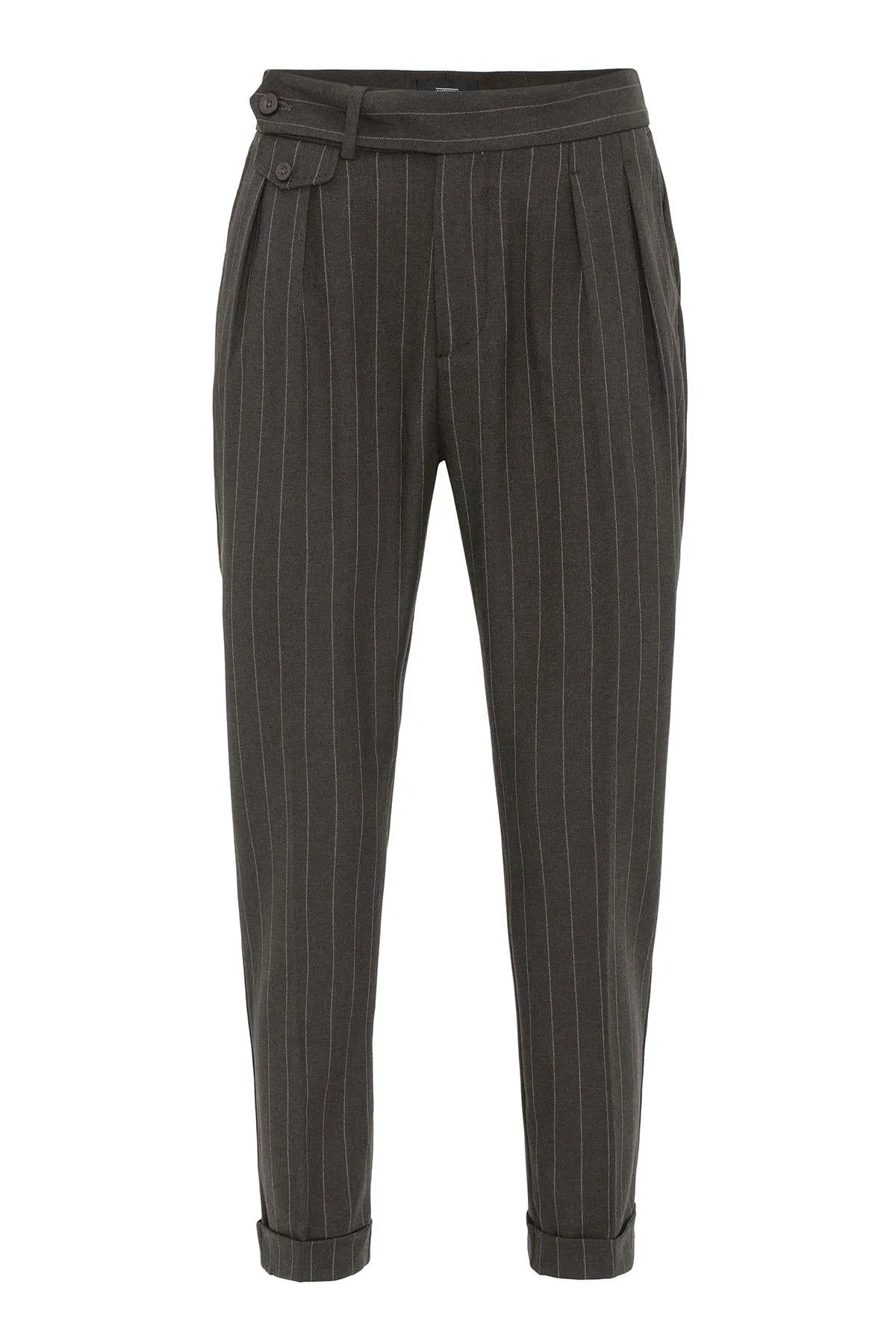 Brown High-Waisted Pleated Striped Men's Trousers - Wessi