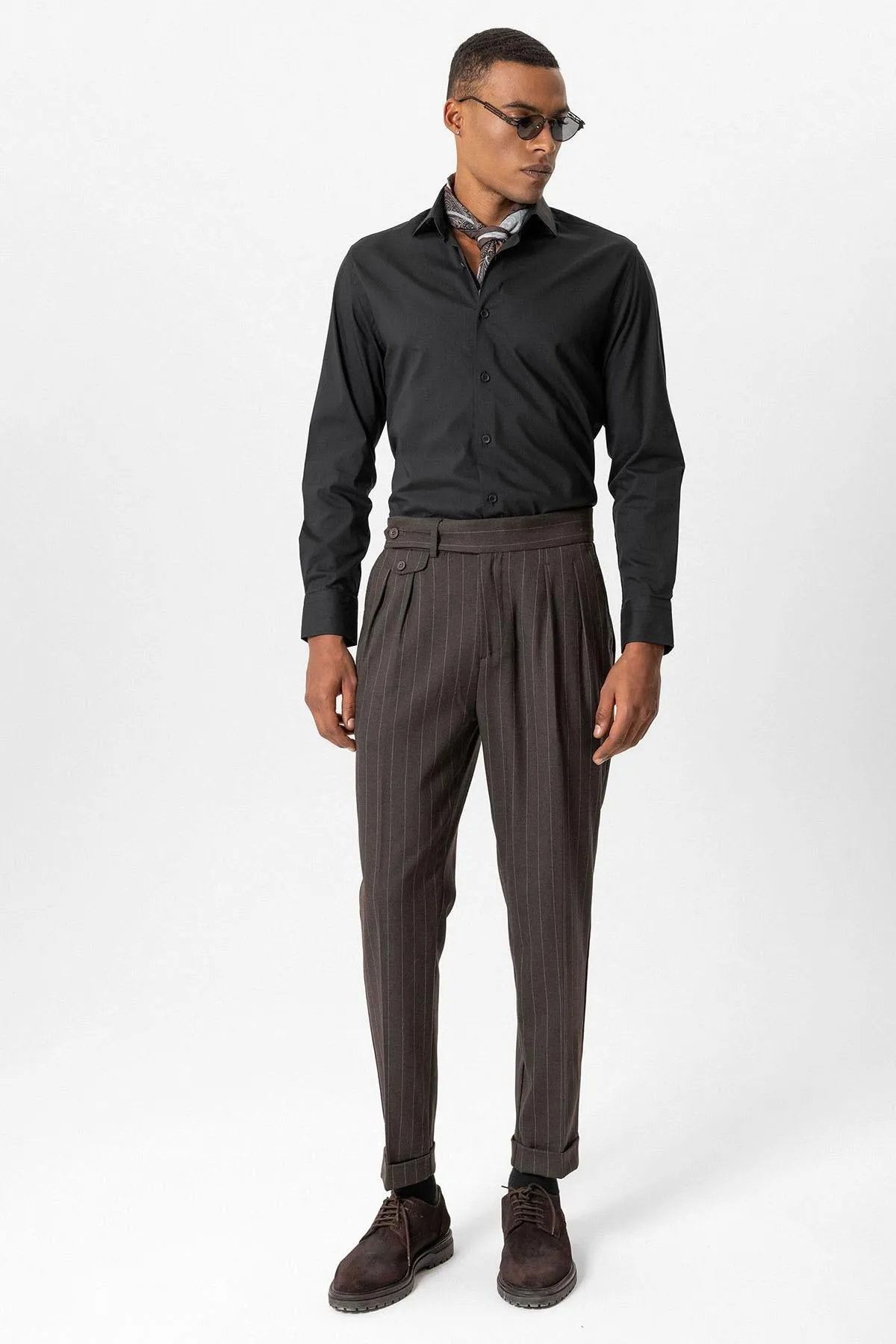 Brown High-Waisted Pleated Striped Men's Trousers - Wessi