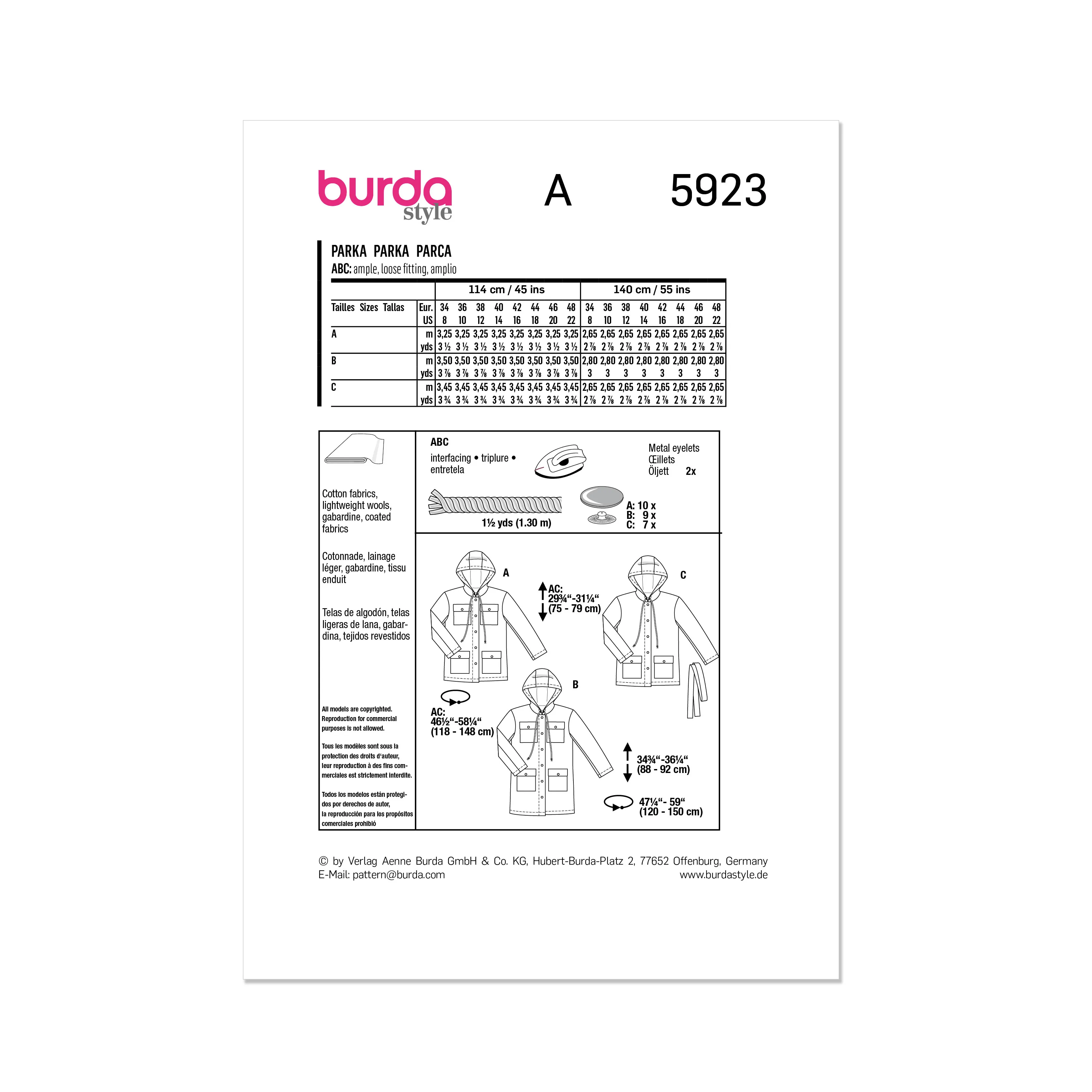 Burda Style Sewing Pattern 5923 Misses' Parka