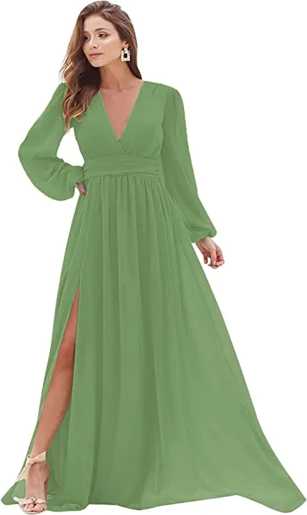 Burnt Orange Women's Bridesmaid Dresses Long Sleeve Chiffon Deep V-Neck Formal Evening Party Gowns for Women Guests with Split A-line - YnanLi Dress