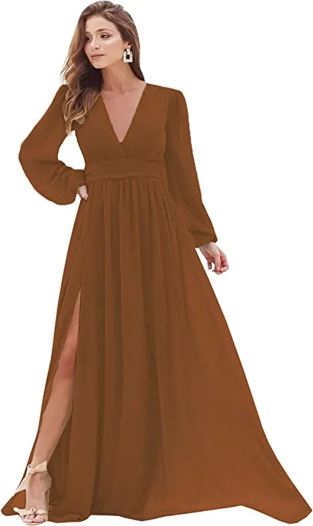 Burnt Orange Women's Bridesmaid Dresses Long Sleeve Chiffon Deep V-Neck Formal Evening Party Gowns for Women Guests with Split A-line - YnanLi Dress