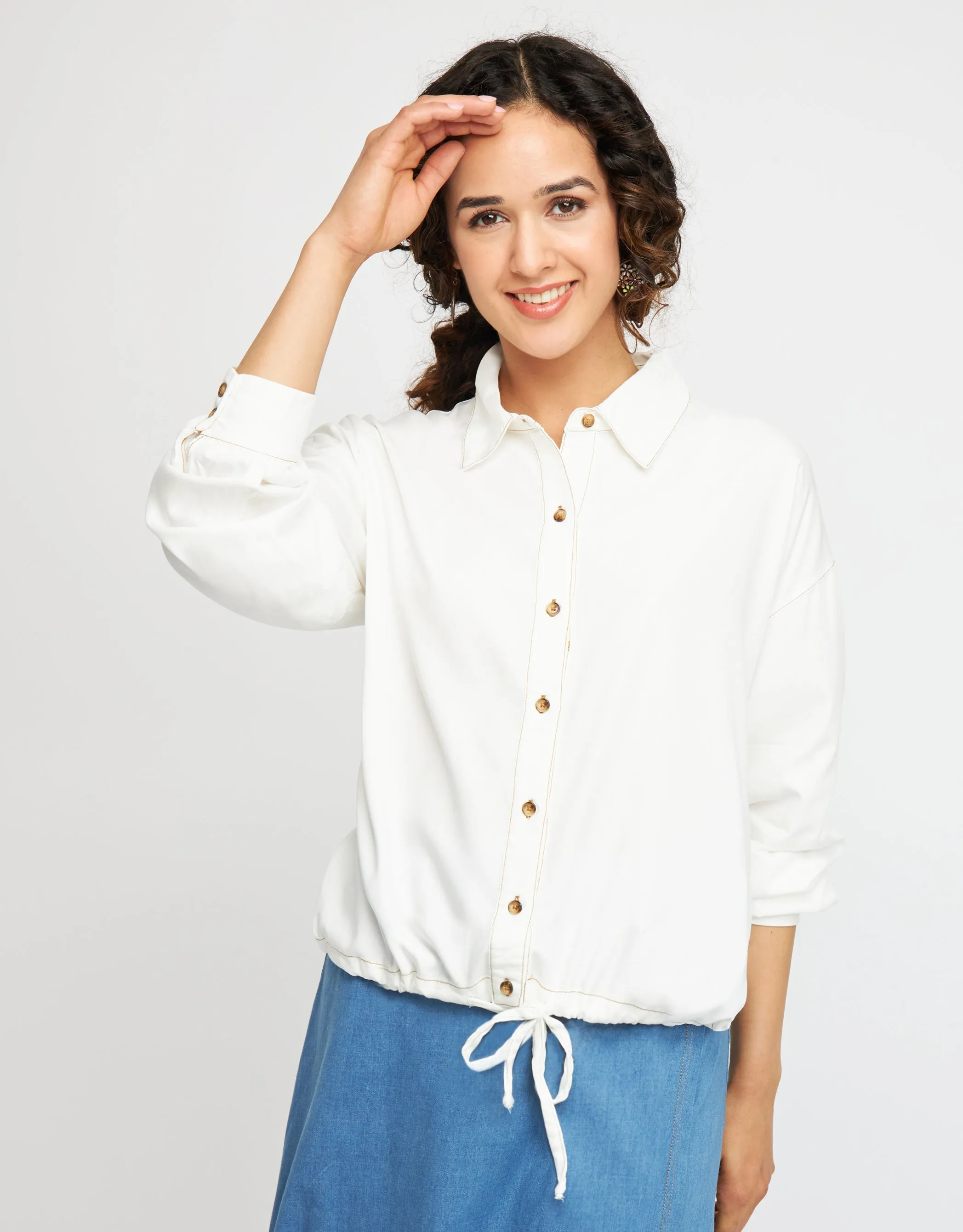 Button Down Drawstring Blouson Shirt White