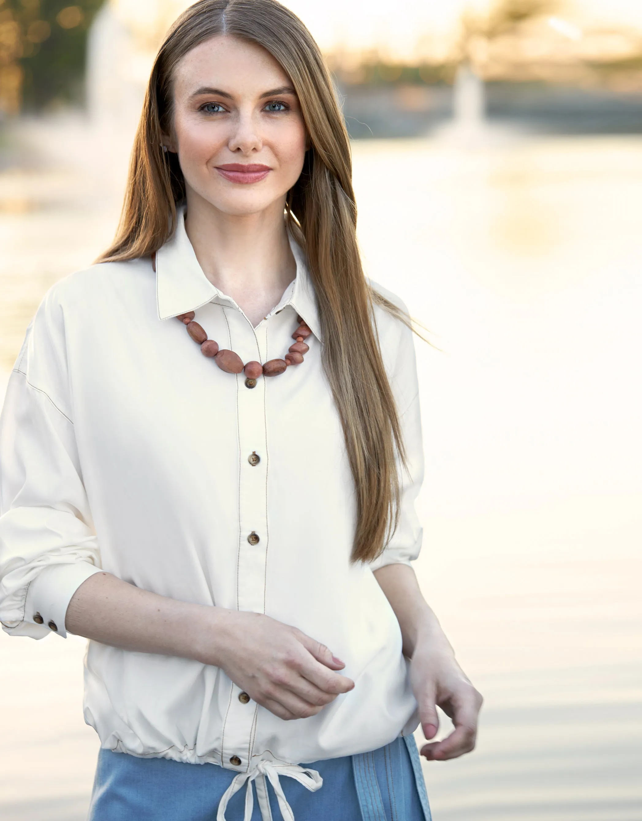 Button Down Drawstring Blouson Shirt White