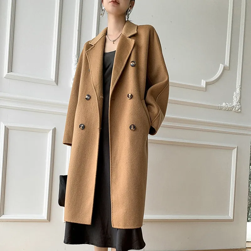 Cashmere Double-Sided Wool Long Coat Quality Thick Winter Coat for Women with Belt