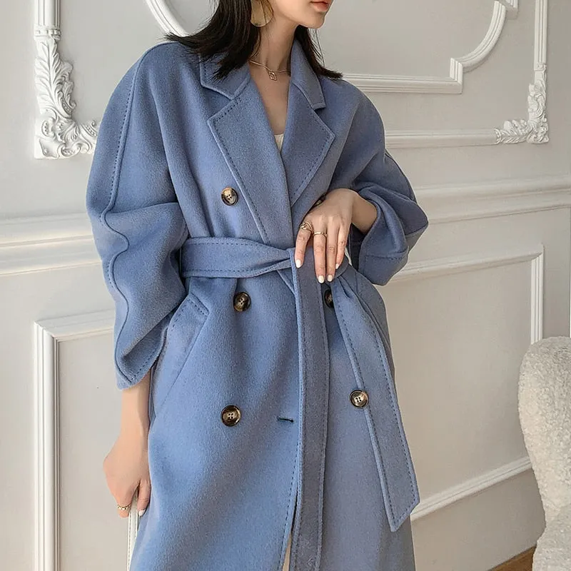 Cashmere Double-Sided Wool Long Coat Quality Thick Winter Coat for Women with Belt