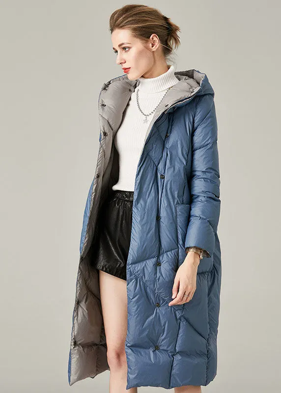 Casual Blue Hooded Pockets Duck Down Down Coat Winter