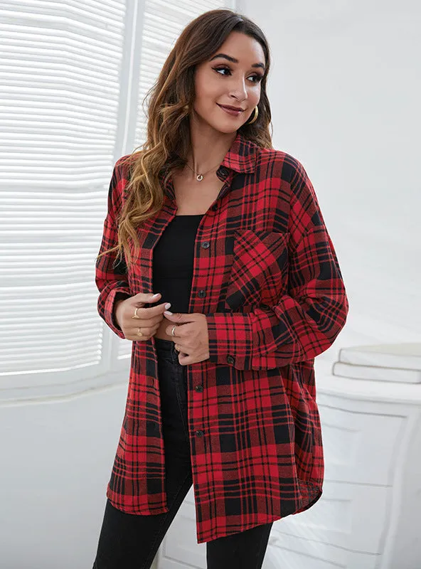 Casual Button Pocket Plaid Print Loose Shirt Jacket