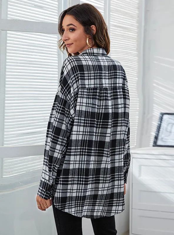 Casual Button Pocket Plaid Print Loose Shirt Jacket