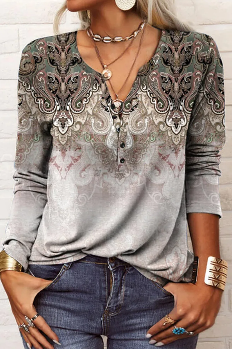 Casual Print V Neck Tops